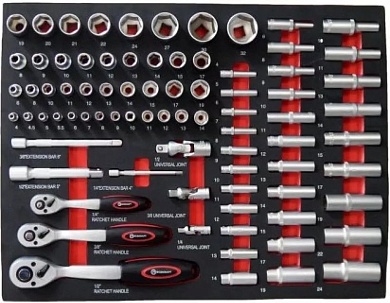 Набор инструментов 80пр.(1/4":4-14мм L-25/50мм;3/8":6-19мм L-28/64мм;1/2":8-32мм L-38мм,10-24мм L-75мм; 6гр.+карданы, удлинители, трещотки)в ложементе